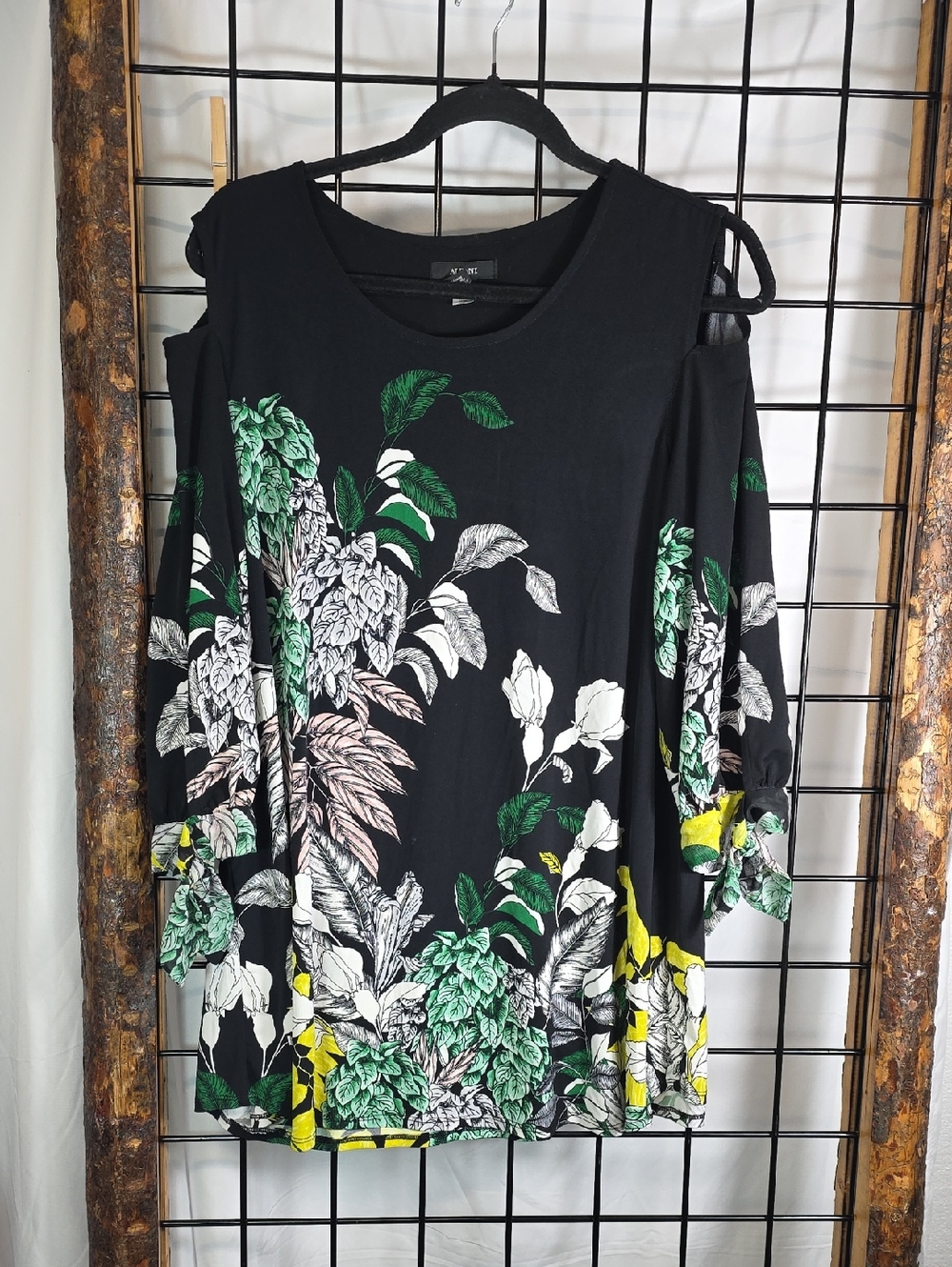 Alfani Black Top with Green Leaf Detail